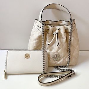 Tory Burch Willa Small Drawstring Cream Bag & Small Continental Wallet